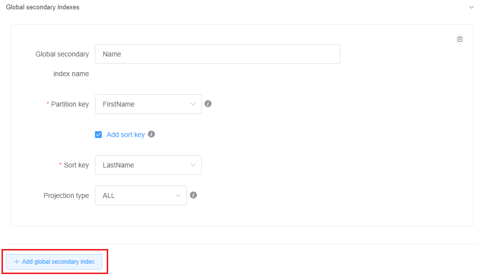 Screenshot della console che mostra il pulsante Add GSI (Aggiungi GSI).