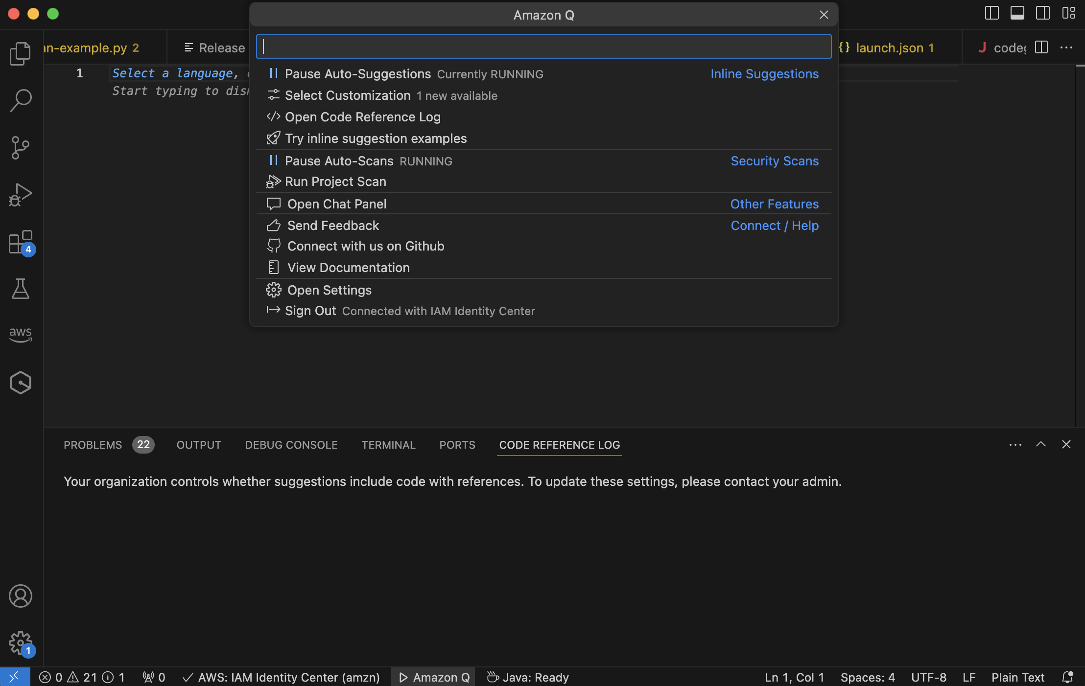 Log di riferimento del codice Amazon Q in Visual Studio Code.