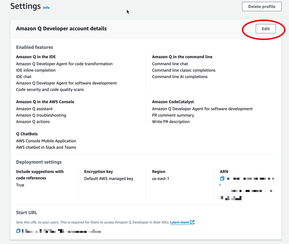 Pagina delle impostazioni della console Amazon Q Developer