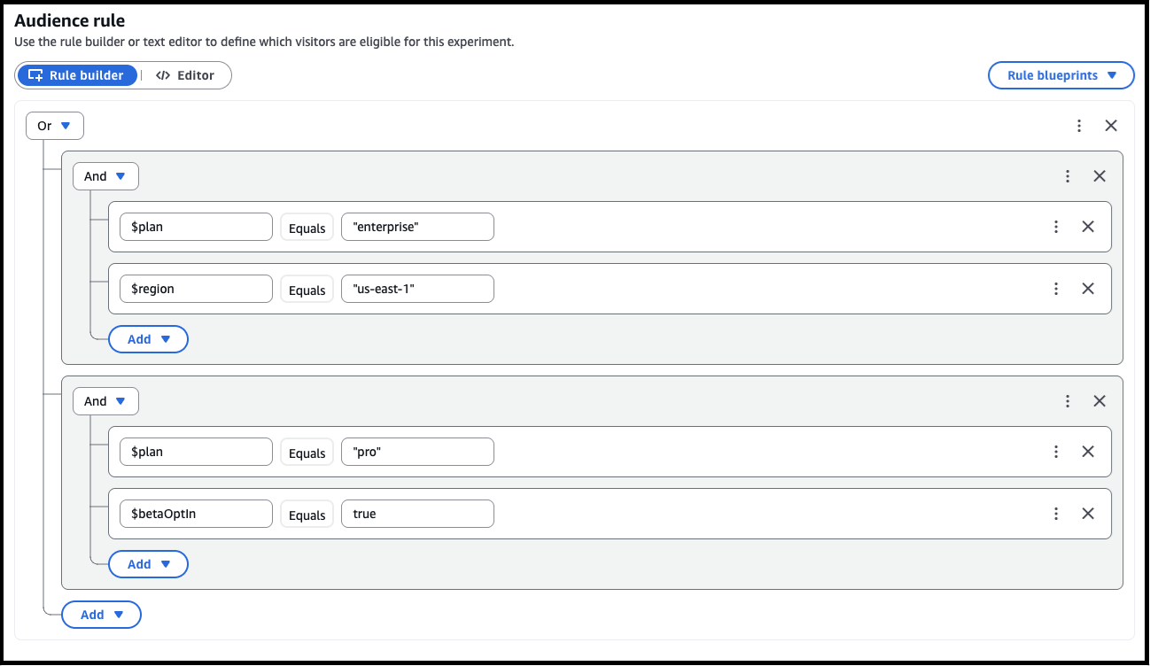 Una terza immagine della scheda Generatore di regole durante la AWS AppConfig sperimentazione con una regola di pubblico di esempio specificata.