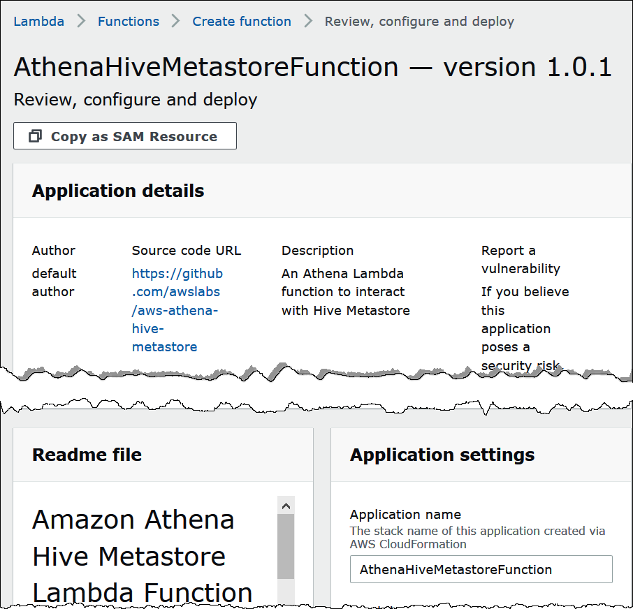 Pagina AthenaHiveMetastoreFunction nella console AWS Lambda.