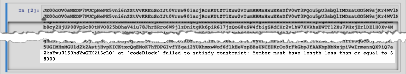 Messaggio di errore relativo alla dimensione del blocco di codice nell'editor di notebook Athena