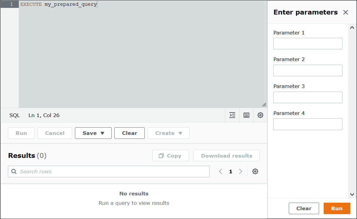 Immissione di valori di parametri per un’istruzione preparata nella console Athena.