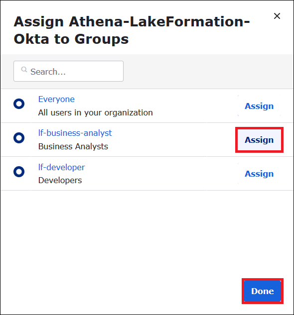 Assegnazione di un'applicazione Okta a un gruppo di utenti Okta.