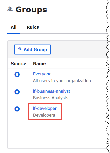 Seleziona il gruppo lf-developer.