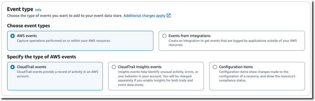 Scelta del tipo di evento per il datastore di eventi