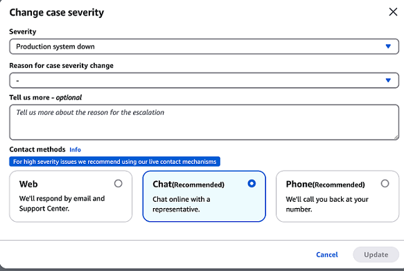 La schermata Modifica la gravità dei casi mostra la sezione Metodi di contatto con le seguenti opzioni: Web, Chat e Telefono.