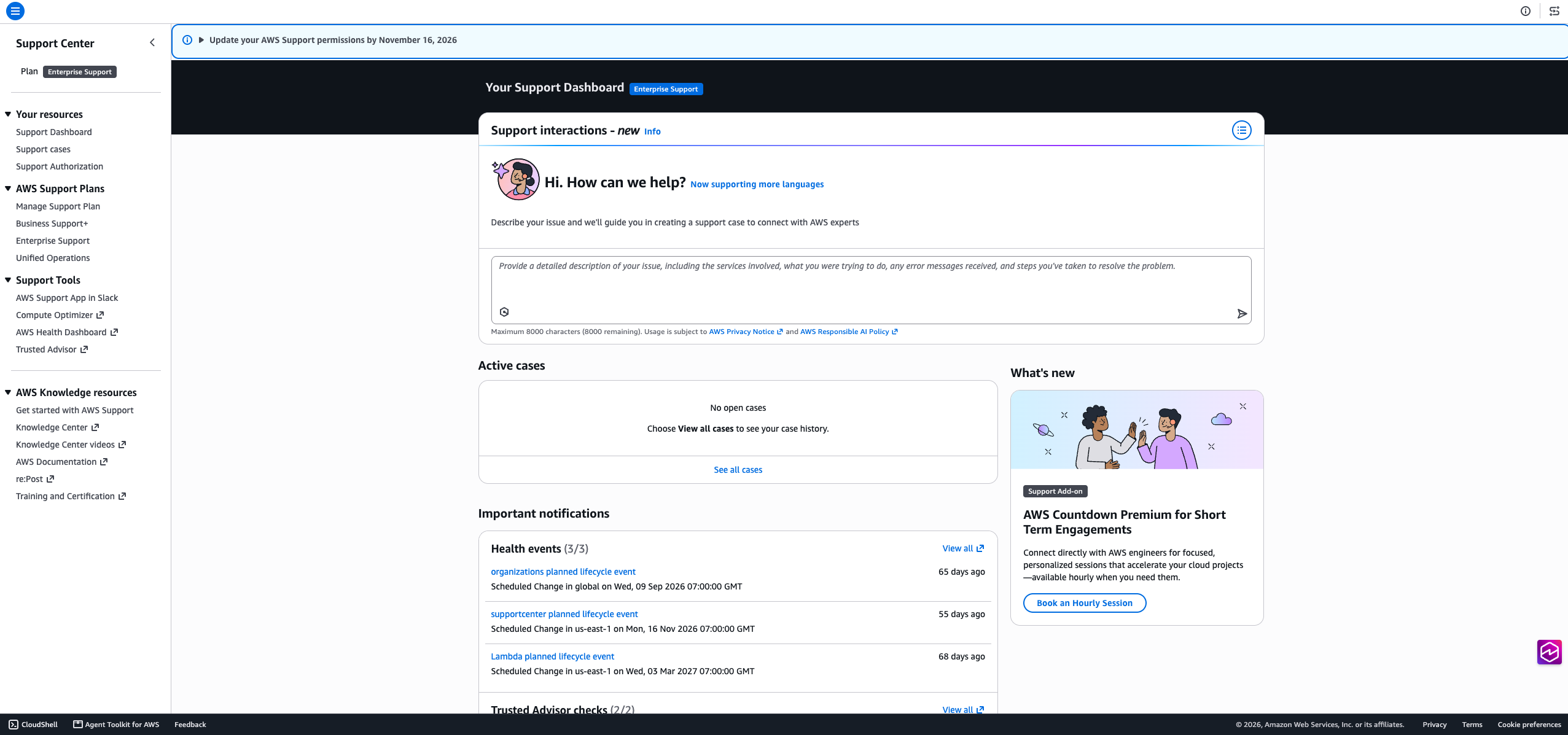 Console del Support Center con l'opzione Gestisci piano di supporto in Supporto AWS Piani nel riquadro di navigazione a sinistra.