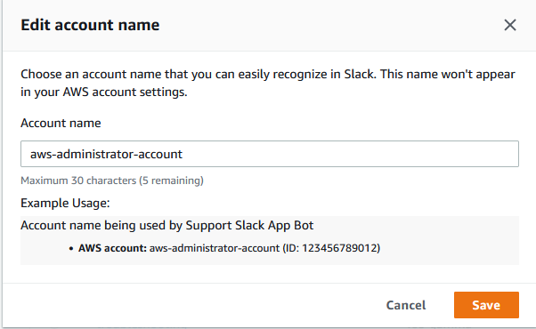 Schermata che illustra come modificare il nome di un account in modo che venga visualizzato nell'app Supporto AWS per Slack.