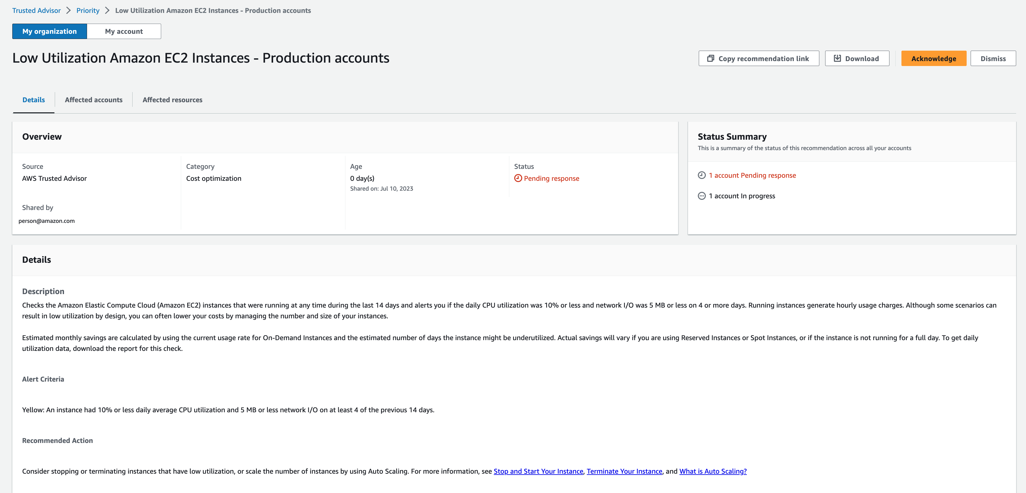 Un consiglio sulla pagina Trusted Advisor Priority Console in attesa di risposta.