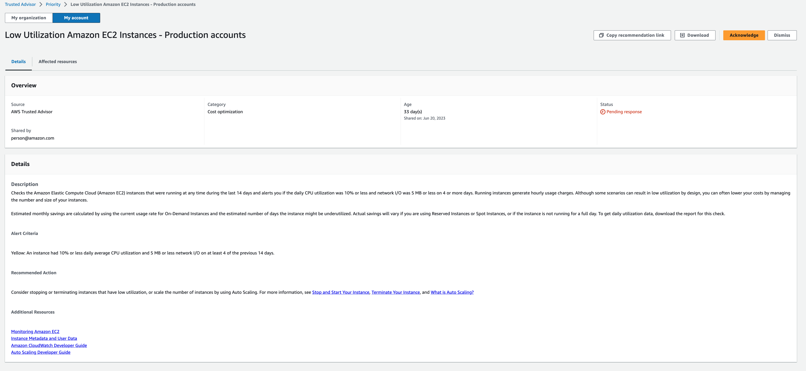 Un consiglio nella pagina Trusted Advisor Priority Console in attesa di risposta.