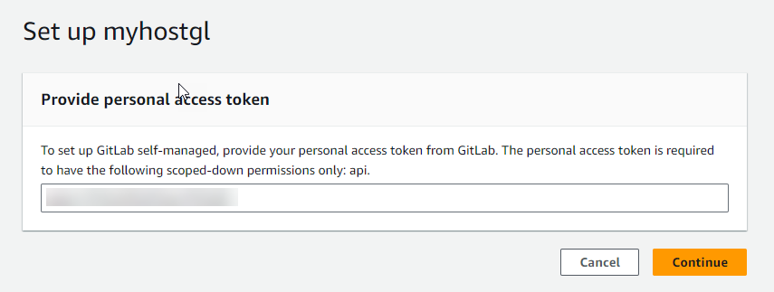 Console screenshot showing GitLab self-managed personal access token entry for the new host