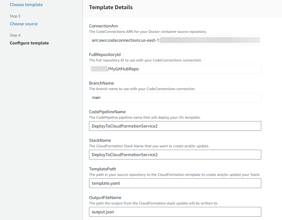 Image showing the configure template page in the wizard