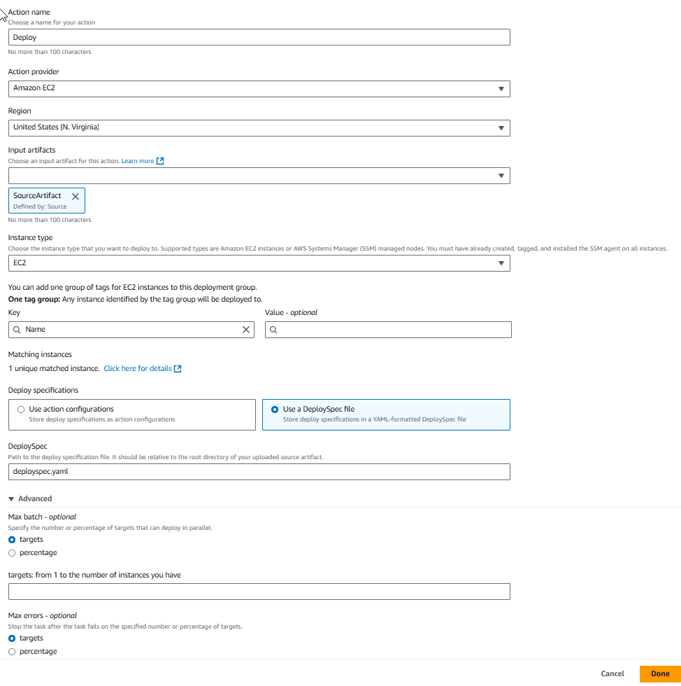 The Edit action page for a new pipeline with the EC2Deploy action option to use a spec file