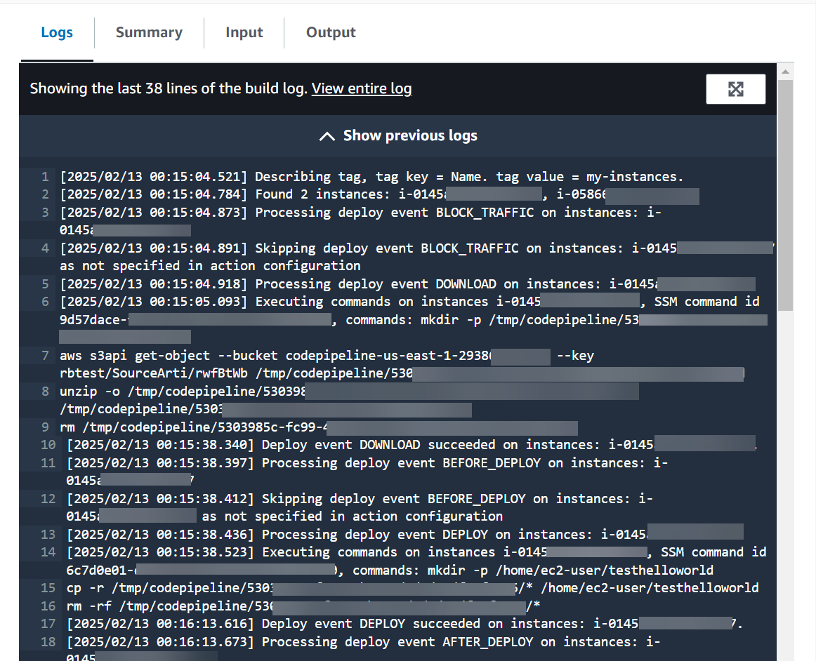 View logs for the Amazon EC2 deploy action in your pipeline.