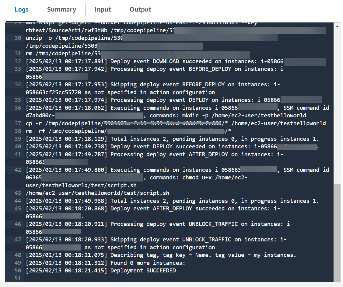 View the second page of logs for the Amazon EC2 deploy action in your pipeline.