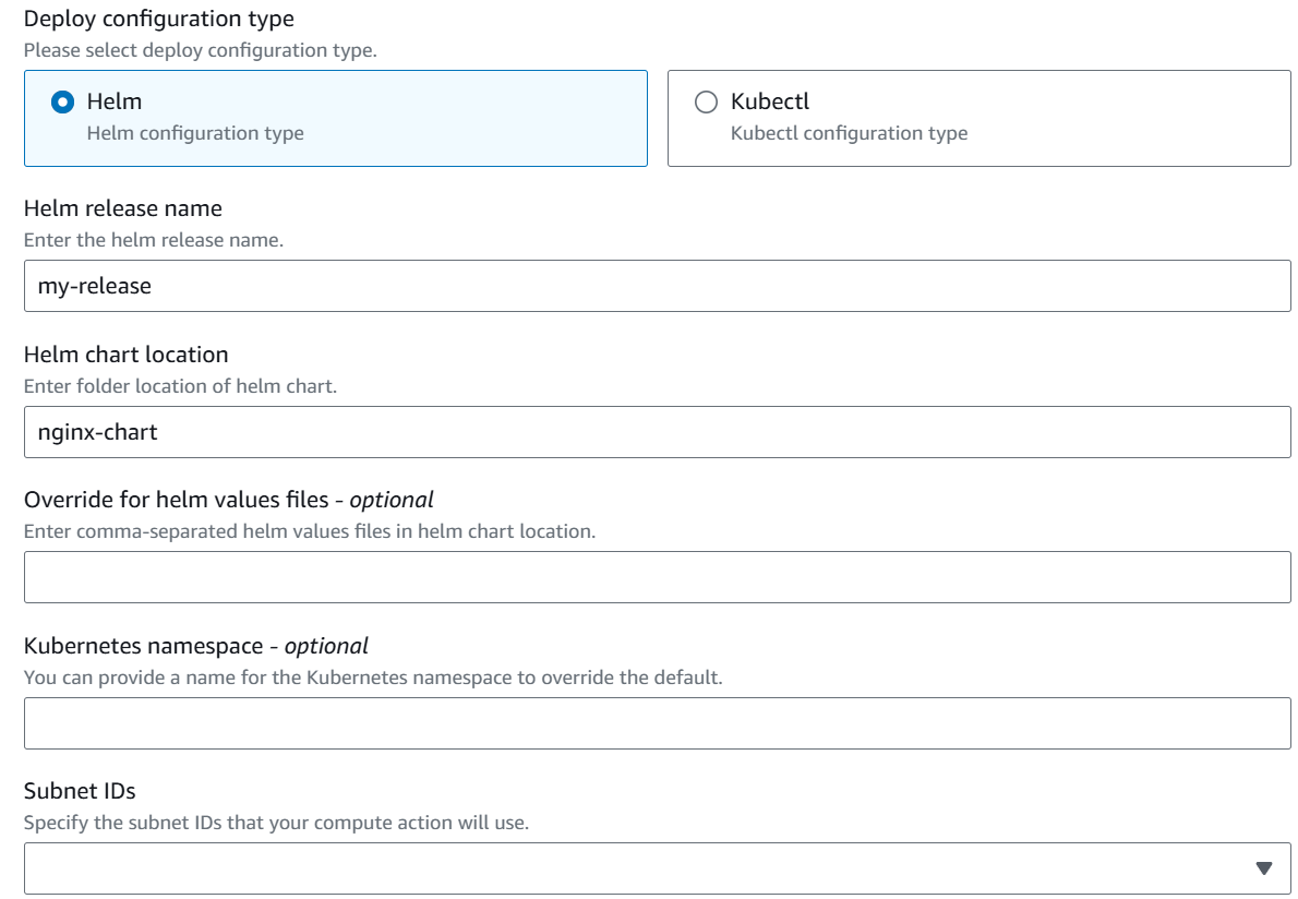 Deploy configuration form with Helm selected, showing fields for release name, chart location, and other options.
