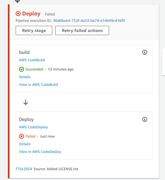 An example pipeline with a CodeCommit source stage and a failed CodeDeploy deploy stage