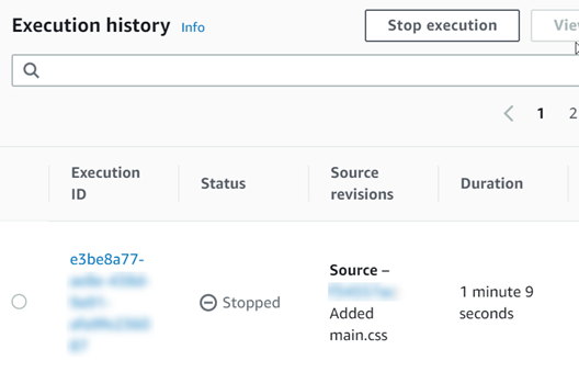 Image showing the history view where the execution status is Stopped after the in-progress action is completed