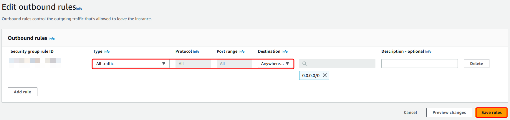 Nella console Amazon VPC, modifica le regole in uscita per i gruppi di sicurezza dei controller di directory.