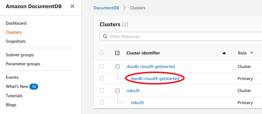 Clusters table showing how an instance is nested under a cluster.