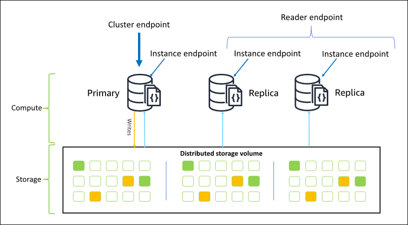 Diagram showing Amazon DocumentDB endpoints including the cluster, reader, and instance endpoints.