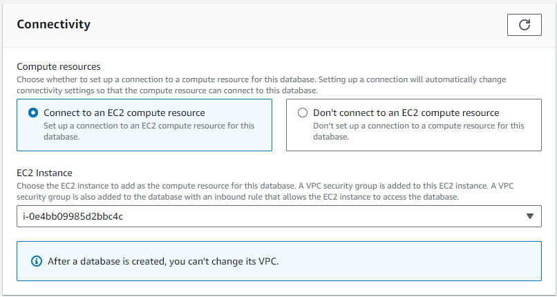 Interfaccia di connettività con l'opzione Connect to a EC2 compute resource selezionata.