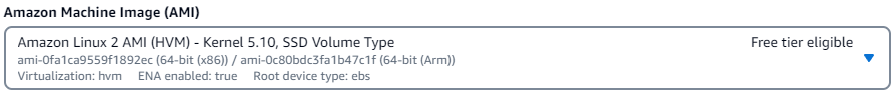 L'interfaccia delle immagini dell'applicazione e del sistema operativo con l'opzione AMI Amazon Linux 2 selezionata nella sezione Quick Start.