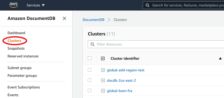 Image: the Clusters navigation box showing a list of existing cluster links and their corresponding instance links.