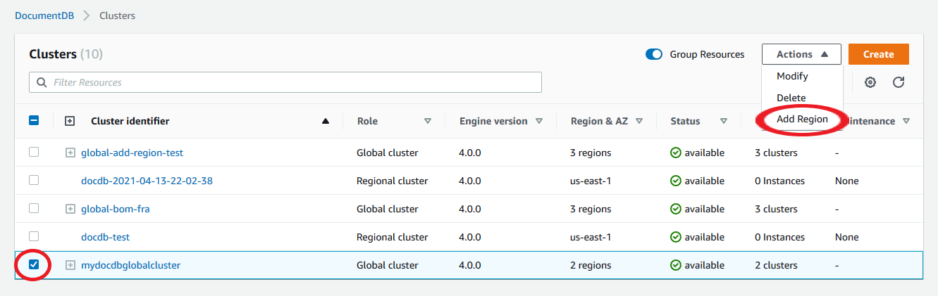 The Actions dropdown on the Clusters interface shows the Add Region option.