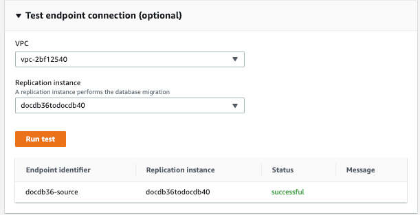 Image: Test endpoint connection dialog for the AWS DMS source showing two drop-down menus, a test button, and a list of executed tests.