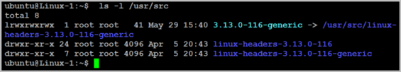 Terminal output showing ls -l command results for /usr/src with linux-headers as directories.