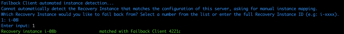 Terminal output showing manual instance mapping prompt with recovery instance i-08b matched to Failback Client.