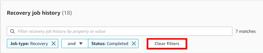 Recovery job history filters showing Job type: Recovery and Status: Completed with Clear filters button.