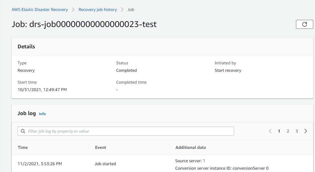 Job details page showing recovery job status, timestamps, and job log with event information.
