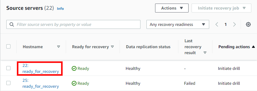 Source servers table with hostname 22: ready_for_recovery highlighted in red box.