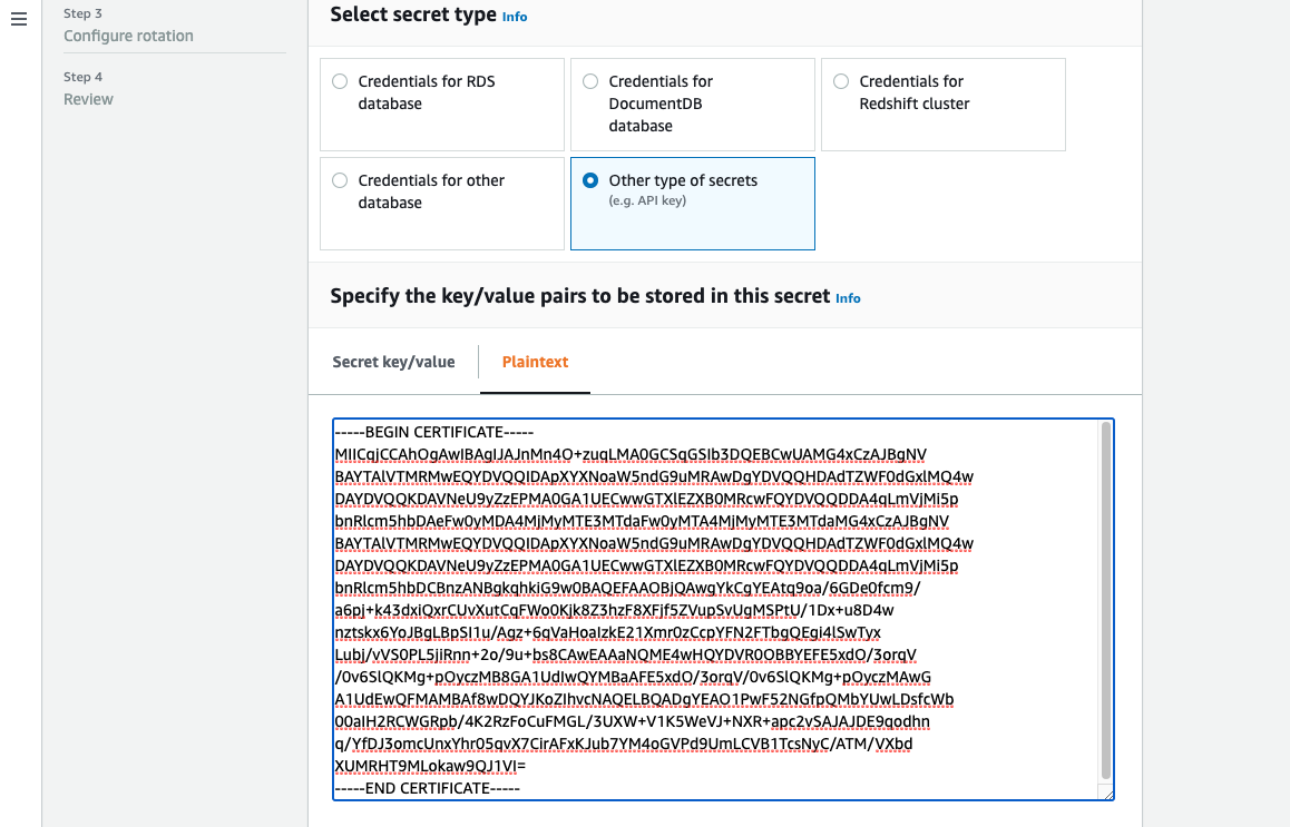 Importazione di un certificato in. Gestione dei segreti AWS