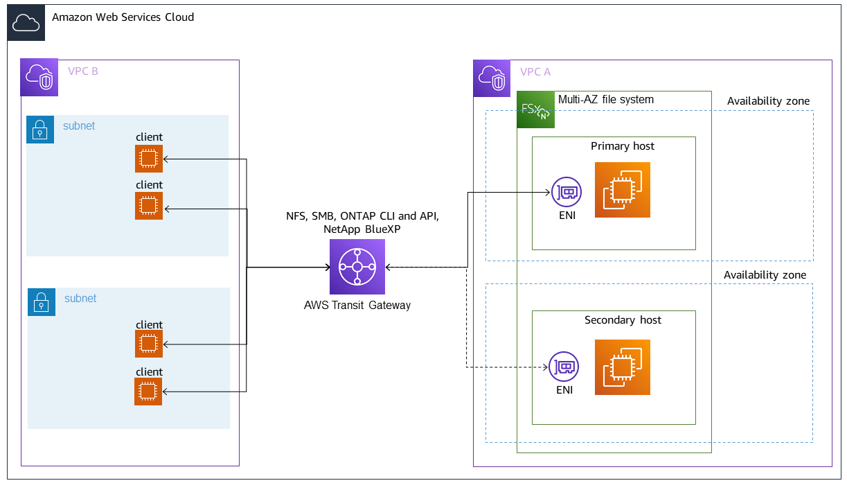 Utilizzo di Transit Gateway per accedere agli endpoint di gestione NFS, SMB e ONTAP su un file system Multi-AZ FSx per ONTAP con client situati in un VPC diverso dal file system.