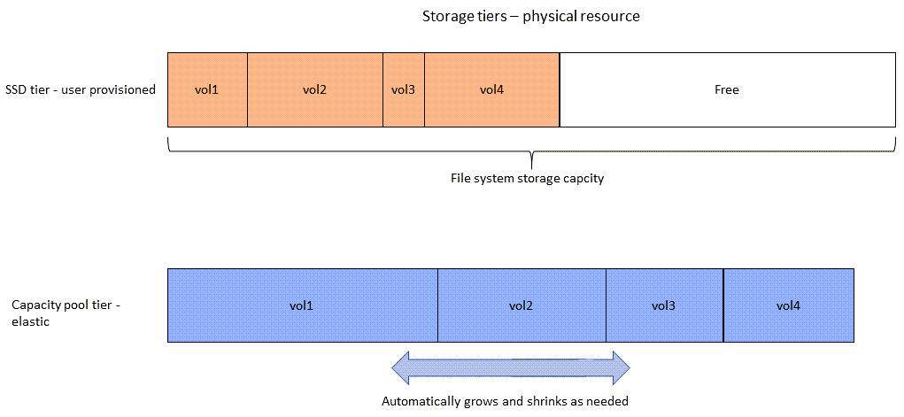 L'impatto dell'SSD, o livello di storage principale, e dell'utilizzo del livello di storage del pool di capacità della capacità di archiviazione fisica del file system su tutti i volumi di un file system.