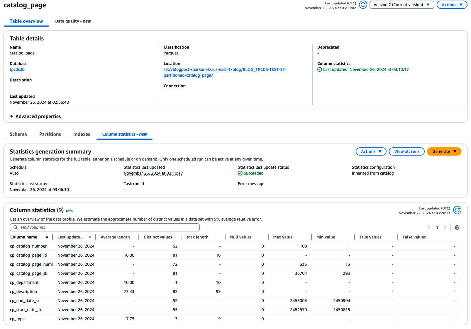È stata applicata un'immagine di una tabella Hive con una raccolta di statistiche a livello di catalogo e le statistiche sono state raccolte.