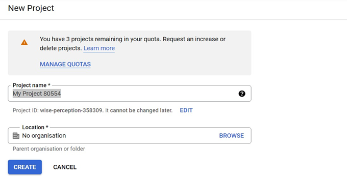 La schermata mostra la finestra Nuovo progetto per inserire il nome di un progetto e scegliere una posizione.