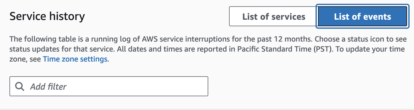AWS Health pagina della cronologia del servizio che mostra i dettagli e la cronologia dell'evento.