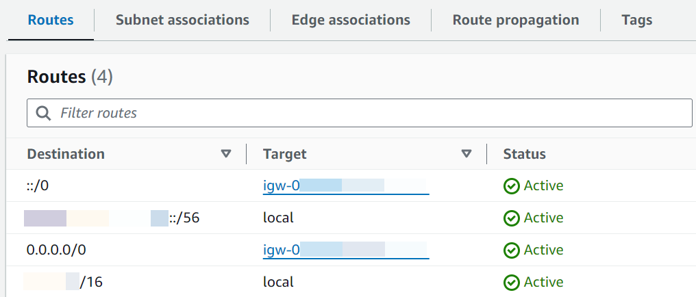 Tabella di routing della sottorete pubblica con route verso il gateway Internet