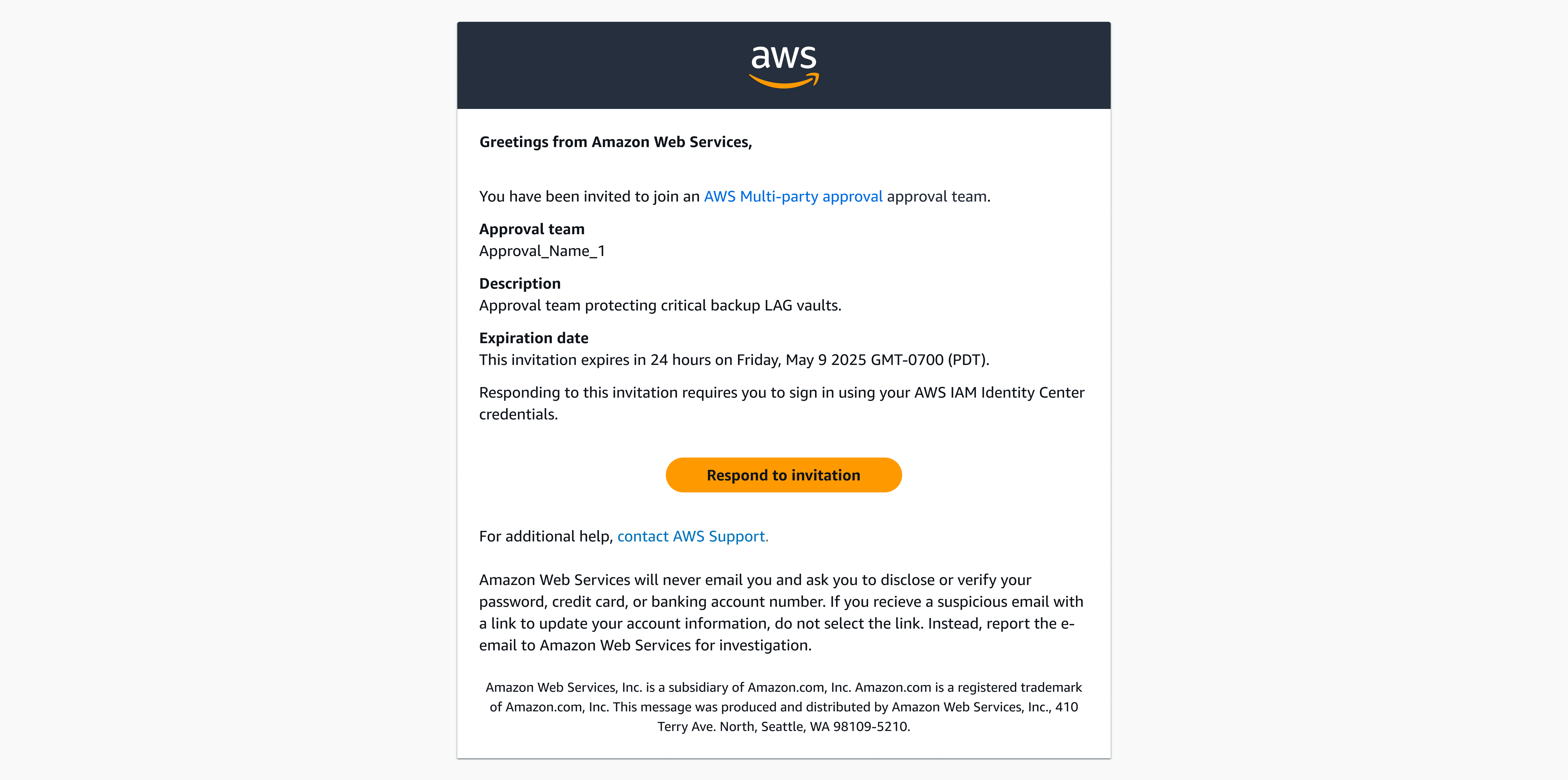 AWSMulti-party approval invitation email with team details and expiration date.