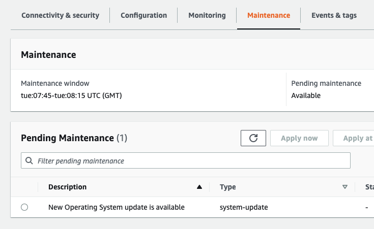 Un'immagine che mostra la sezione Console di gestione AWS Manutenzione e un aggiornamento del sistema operativo disponibile.