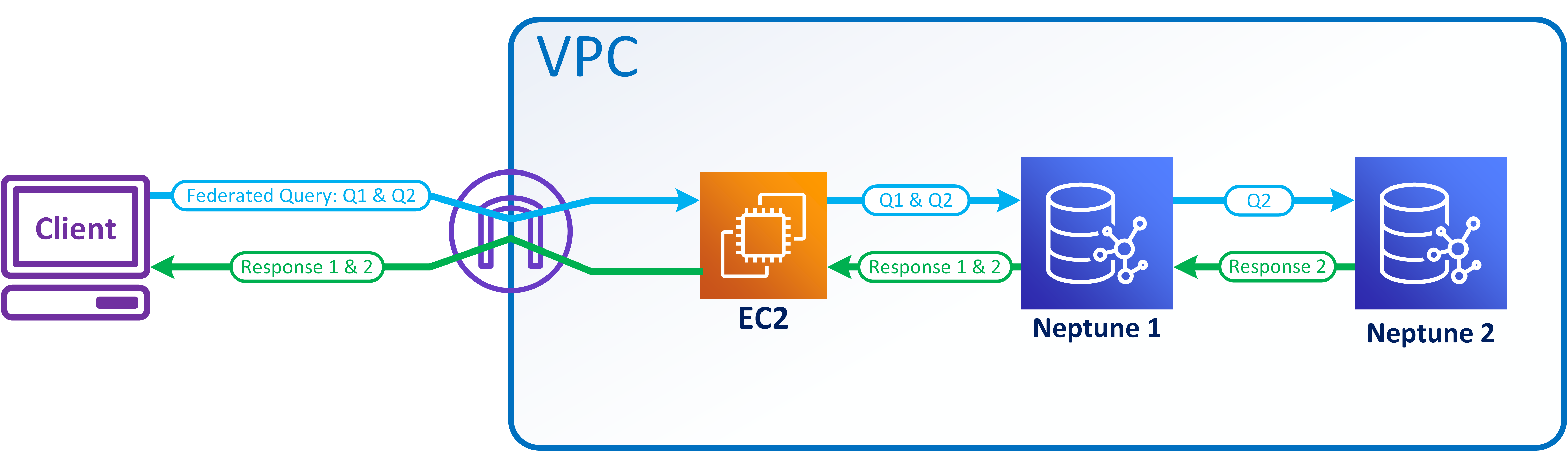 Diagramma di flusso che mostra i modelli di query federate SPARQL in fase di valutazione e le risposte inviate al client.