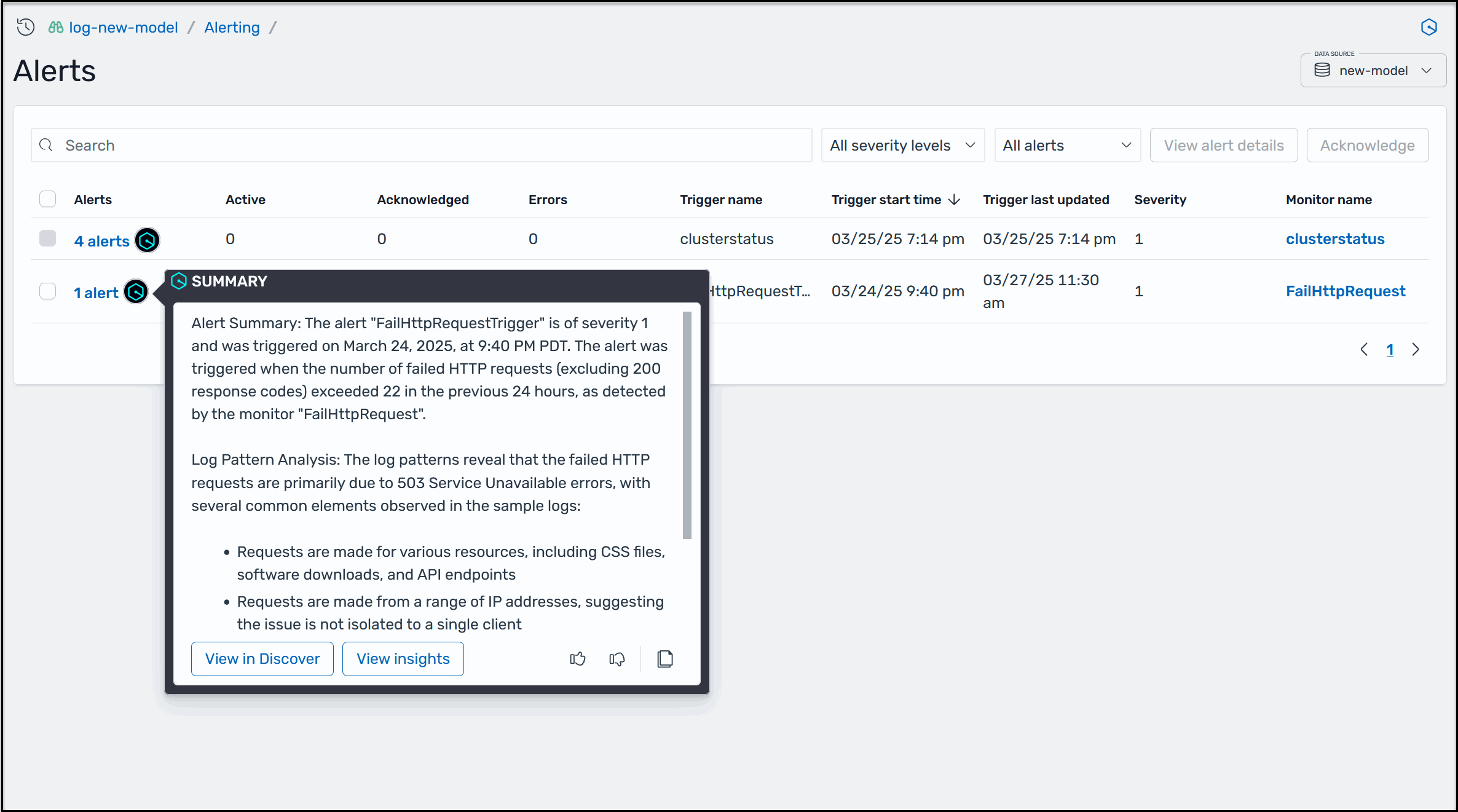 Un esempio di riepilogo degli avvisi di Amazon Q Developer in OpenSearch Service.