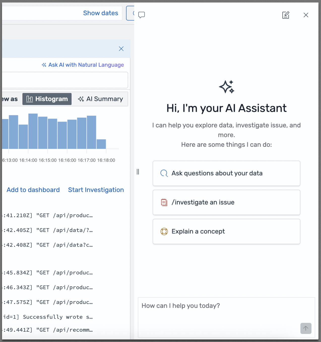 Il pannello di Agentic Chat mostra il messaggio di benvenuto di AI Assistant con opzioni per porre domande sui dati, esaminare un problema o spiegare un concetto.