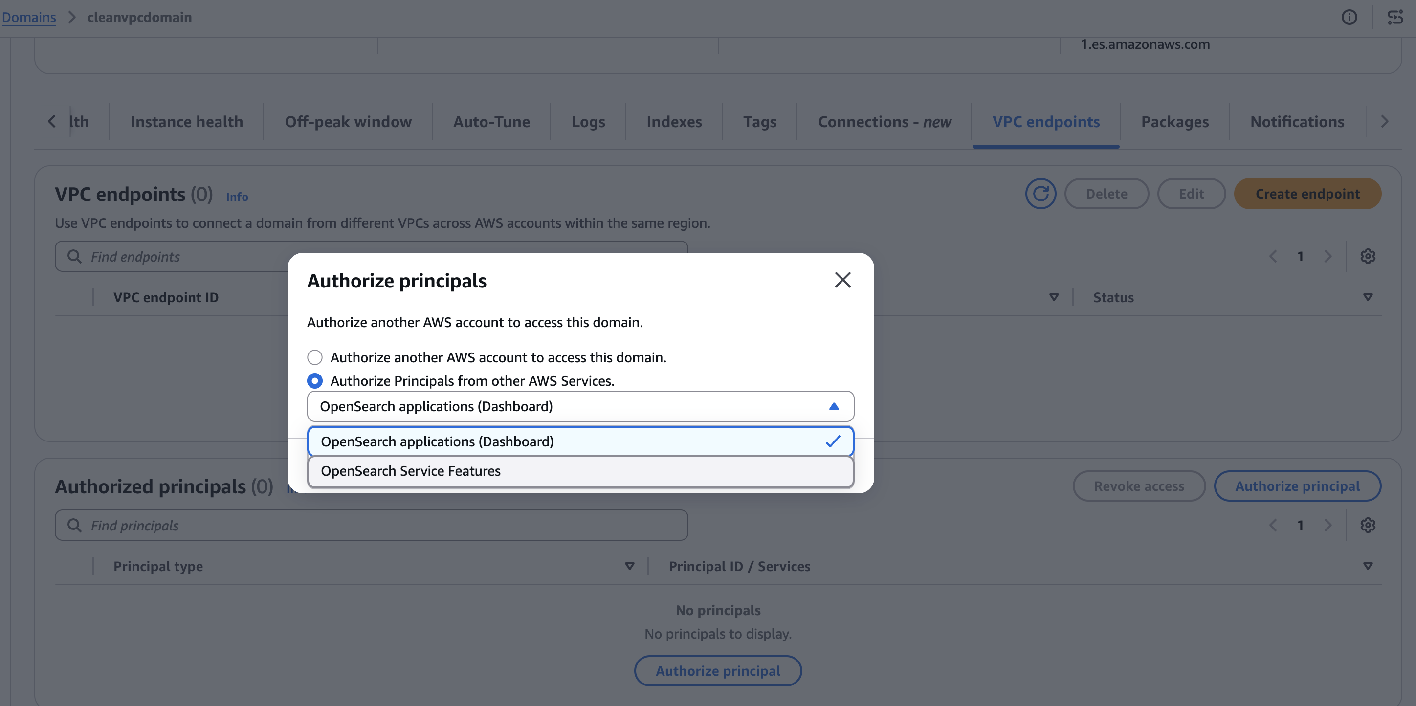 Finestra di dialogo Autorizza i principali con l'opzione Funzionalità del servizio selezionata. OpenSearch