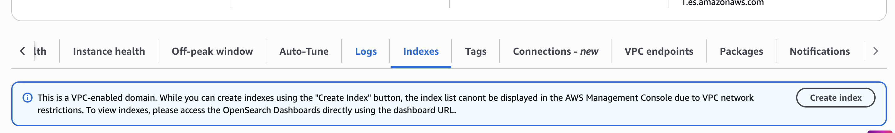 La scheda Indici dopo l'autorizzazione mostra un banner informativo e un pulsante Crea indice.